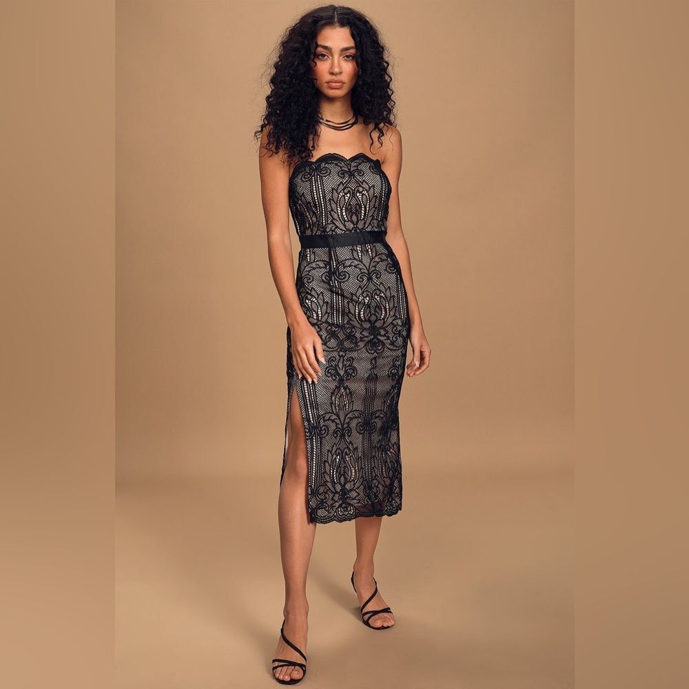 NWT Lulu's Move Over Black Crochet Lace Strapless Midi Dress